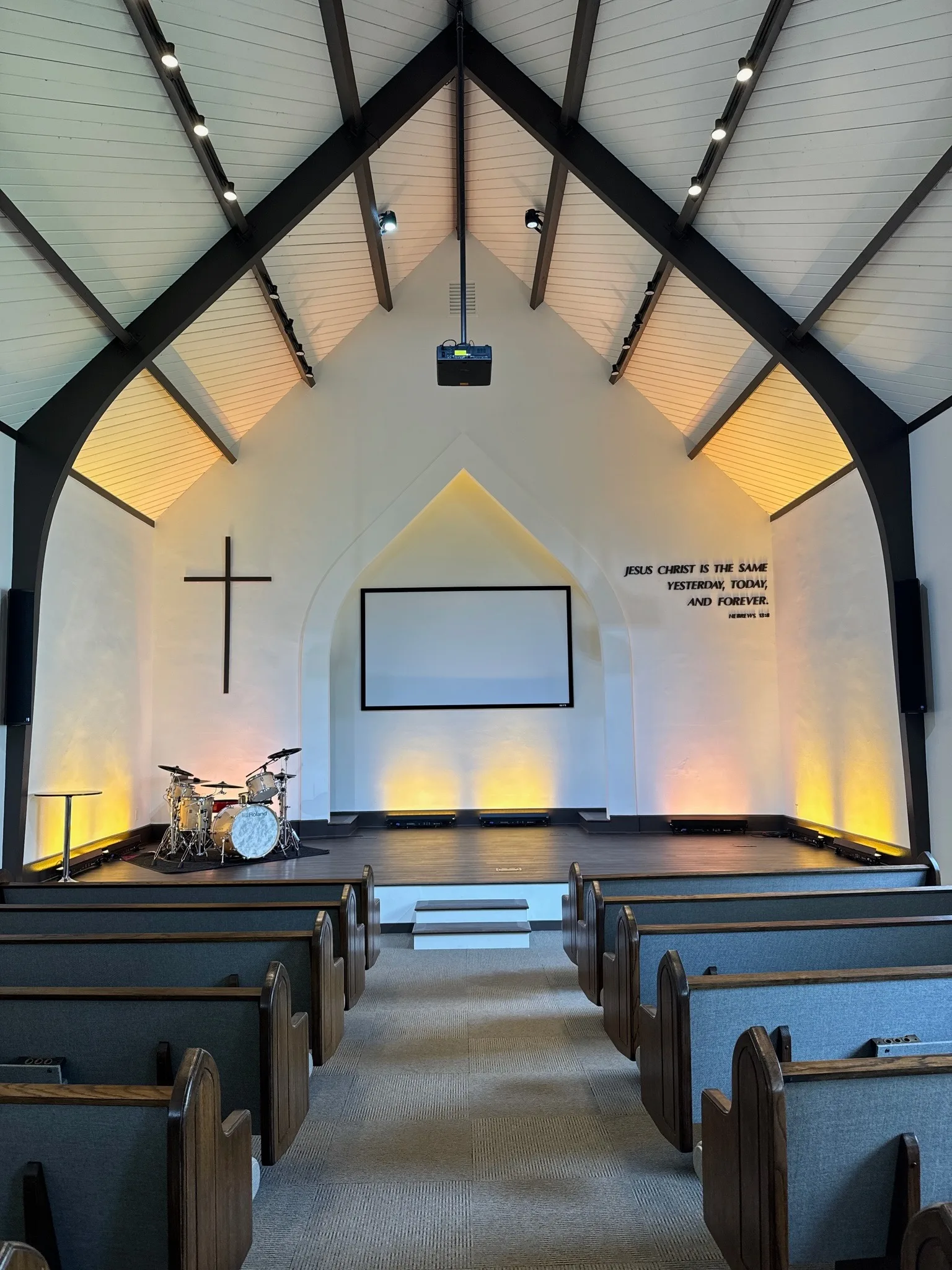 Church interior with freshly painted sanctuary walls